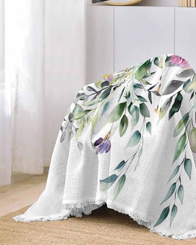 Eucalyptus Leaves Green Cover Couch Covers for 3 Cushion Couch Throw Couch Cover with Tassel Soft Slipcover Pastoral Style Purple Pink Flowers White Couch Furniture Protector for Dog Pet 71