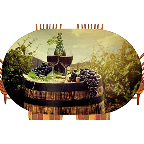 Winery Oval Table Cloth, Red Wine Bottles with Grapes on Timber Board Elastic Oval Fitted Table Cover, Oil&Waterproof for Camping, Dining, Outdoor,, 52x70 in, Green Blue