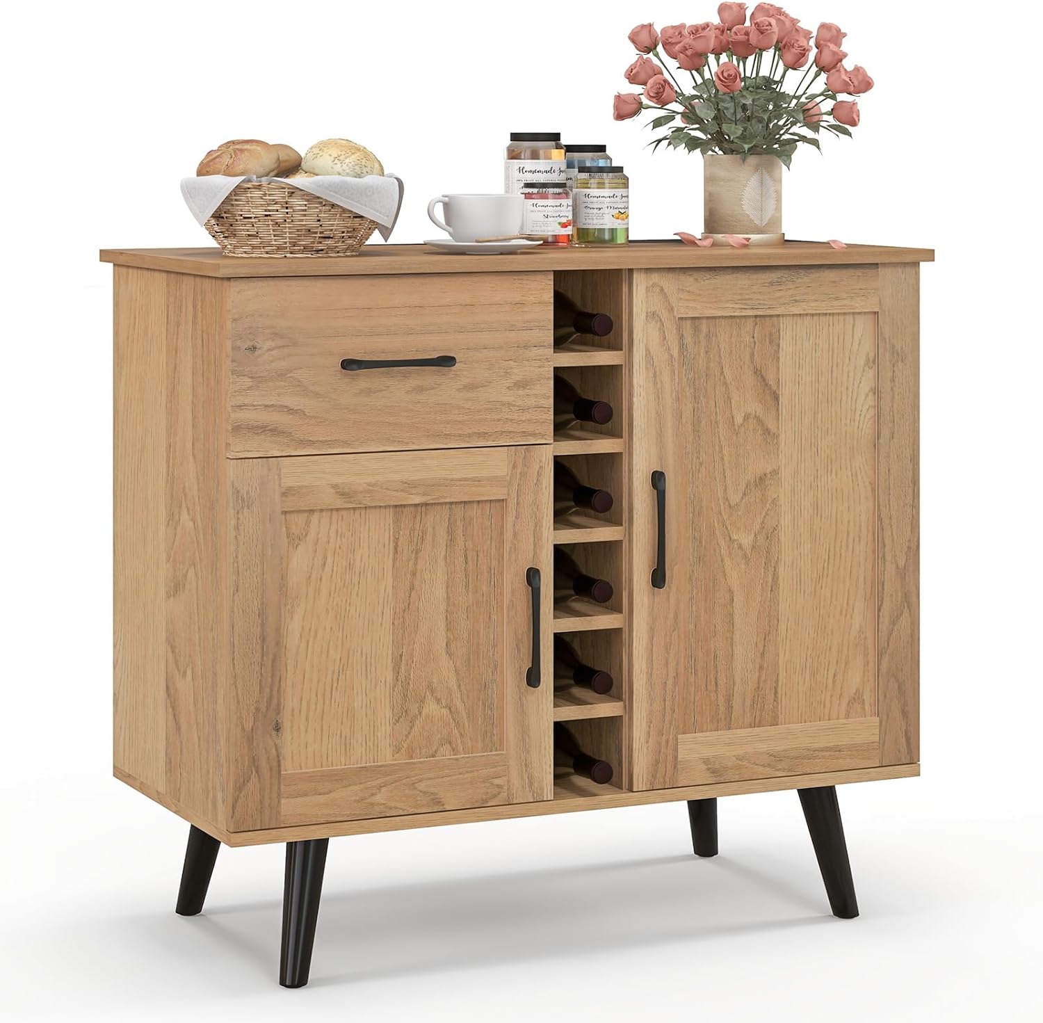 Buffet Cabinet with Storage, Liquor Cabinet with 6-Bottle Wine Rack, 1 Drawer and 2 Doors, Wood Buffets & Sideboards, Farmhouse Coffee Bar Table for Kitchen, Dining Living Room, Entryway