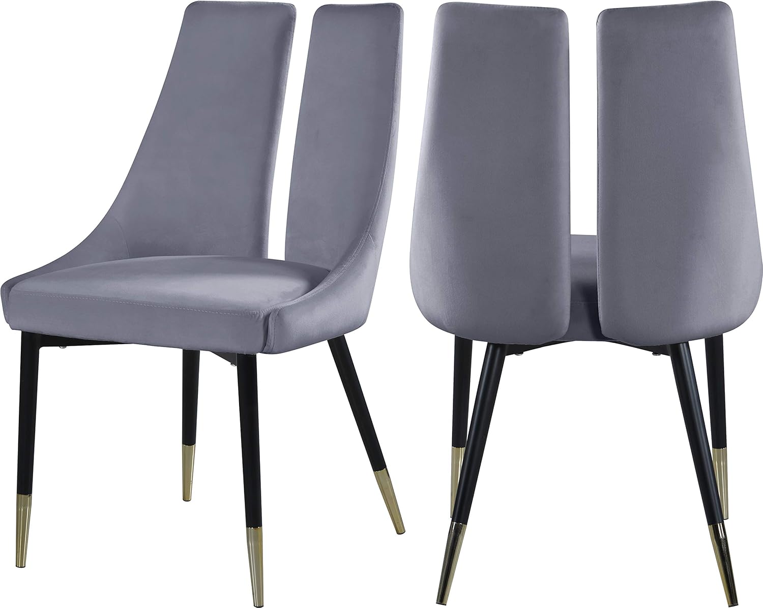 Meridian Furniture 944Grey-C Sleek Collection Modern | Contemporary Velvet Upholstered Unique Dining Chair with Gold Tipped, Matte Black Iron Legs, Set of 2, 22