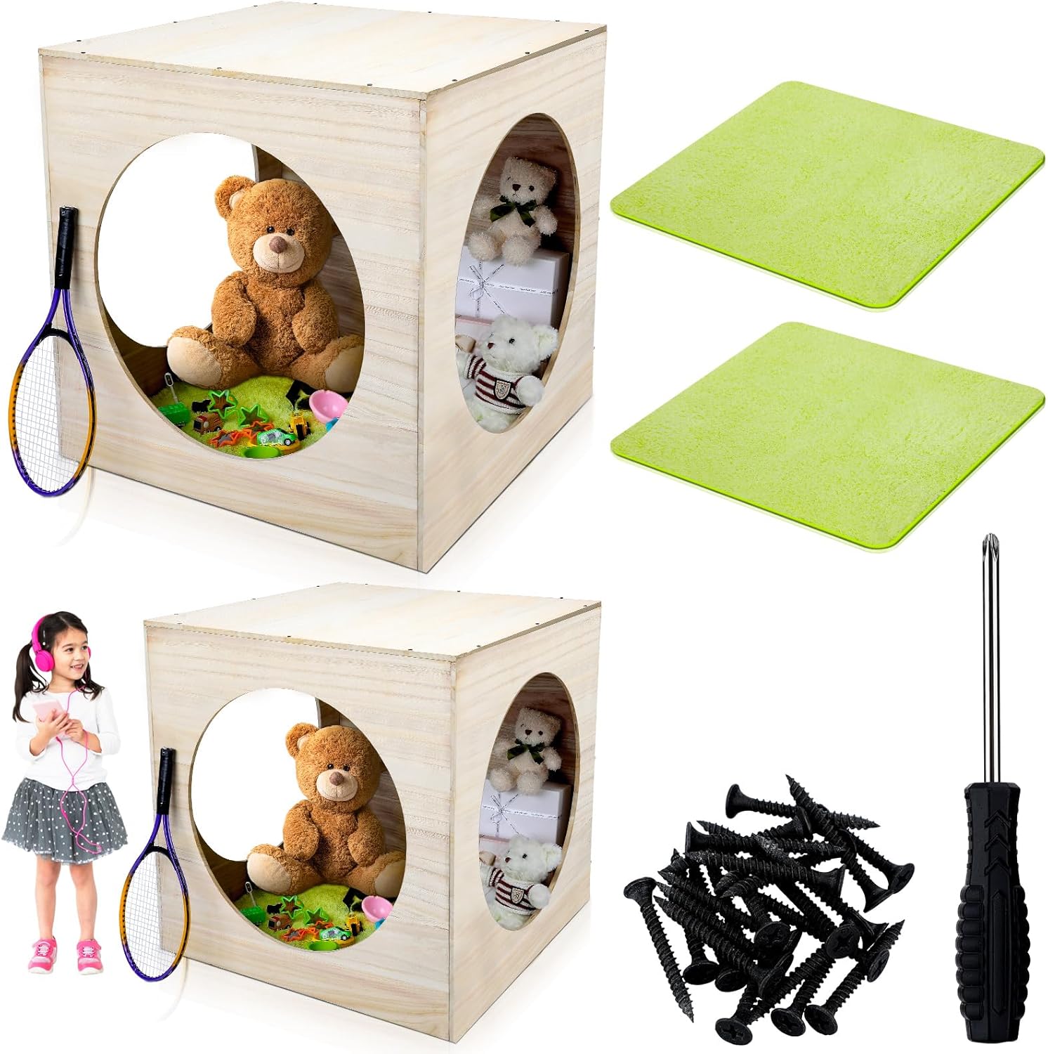 4 Pcs Nature Reading Cozy Cube 30x30x30 Inch Toddler Classroom Furniture Classroom Reading Corner Toddler Reading Nook with 29.5x29.5 Inch Green Rug for Children Playing Homeschool Daycare