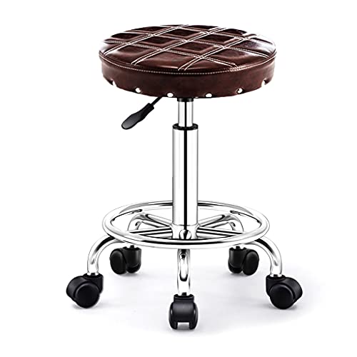 Round Rolling Stool Beauty Stools Chair Adjustable Height Chrome Steel Bar Stool Round Cushion, Salon Rolling Stool Swivel Chair On 5 Wheels, PU Leather Counter Stools Shop Work Stool with