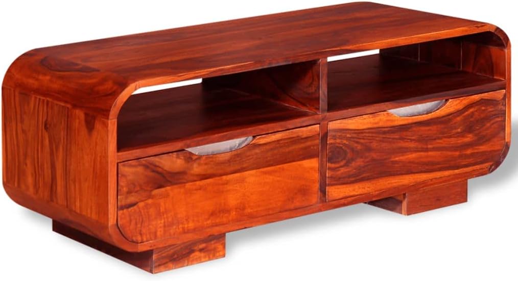 Stylish Elegant Coffee Table, Sturdy Durable Solid Sheesham Wood Coffee Table with Compartments and Bin Drawers, TV Stand for Home Living Room, Office 35.4