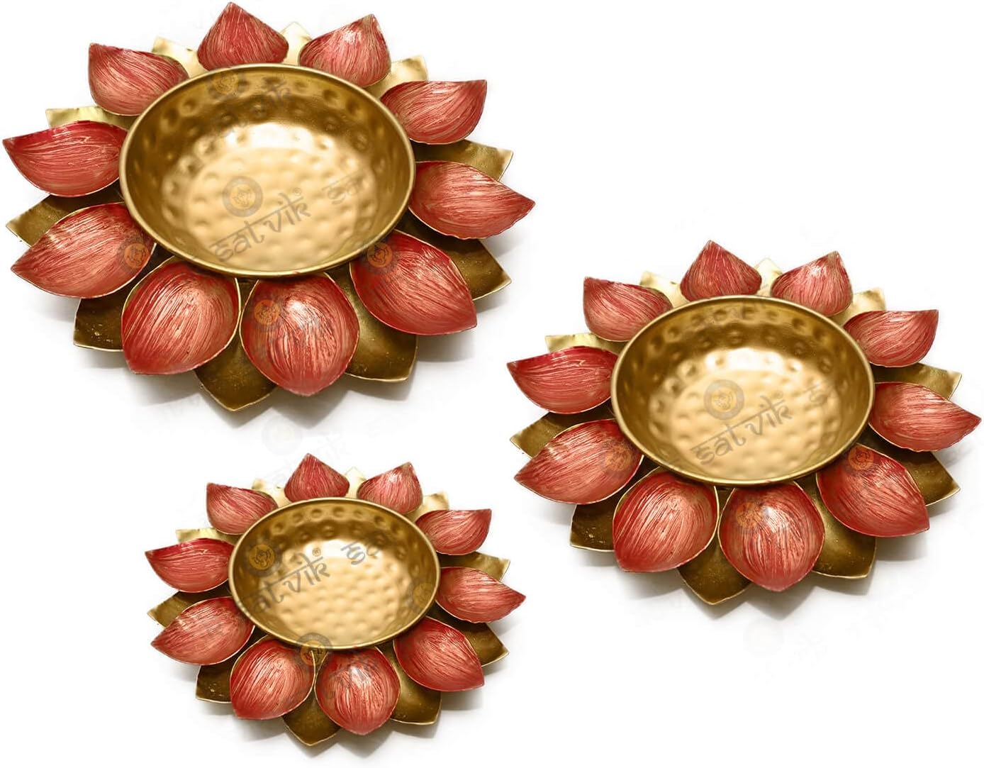 Satvik 3 Pc Designer Red Lotus Petals Shape Metal Urli, Beautiful Flower Floating Bowl with Tea Light Holder, Festival Tealight Living Room Decoration, Designer Home Decoration Ideas