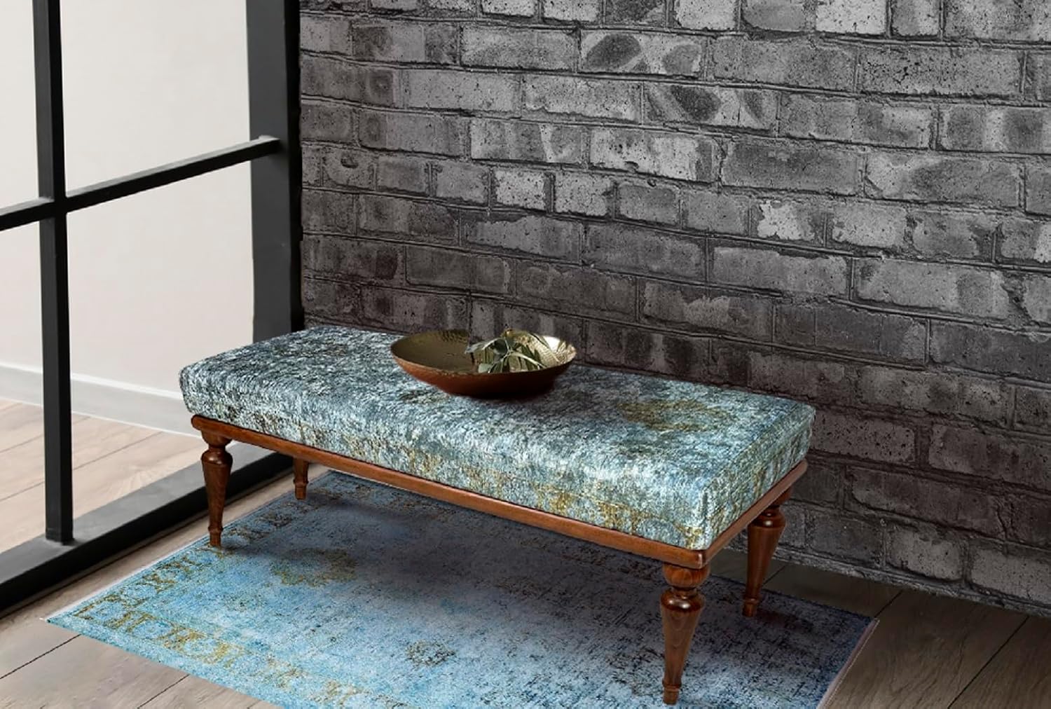 Rustic Upholstered Ottoman Bench for Living Room, Entryway, or Bedroom - Vintage Bohemian Wooden Accent Furniture with Cushioned Seat - Multi-functional Footstool for Modern Home Decor