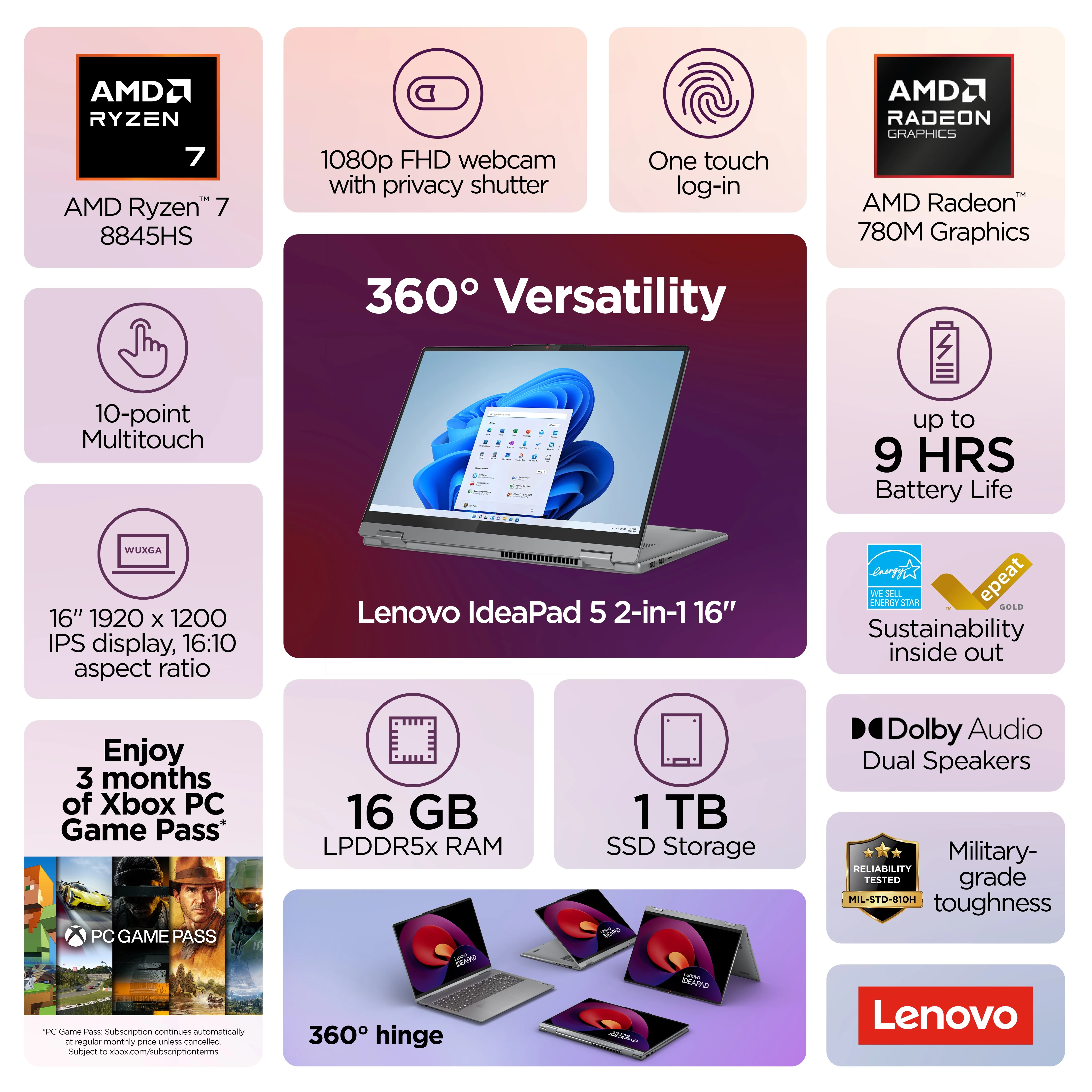 Lenovo IdeaPad 5 16" Touchscreen 2-in-1 Laptop,  Ryzen 7, 16GB, 1TB SSD, 83DS0056US