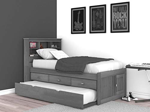 Discovery World Furniture Full Size Captain Bed | 3 Drawers, Twin Trundle | Ash Grey | Bookcase Headboard | Kids' Bedroom Furniture