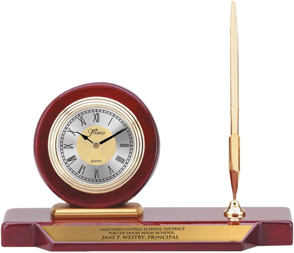 Customizable Piano Finish Rosewood Desk Clock with Metal Pen, includes Personalization