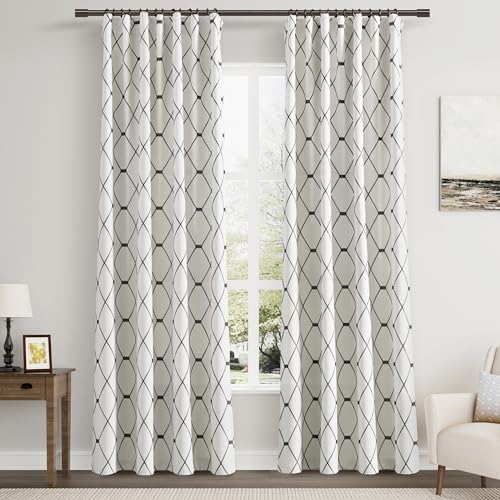 Nanspring Navy Blue Cream Beige Linen Curtains 84 Inch Length for Living Room Back Tab Pleated Drapes for Home office Light Reducing Room Darkening Geometric Patterned Checkered Curtain 2 Panels