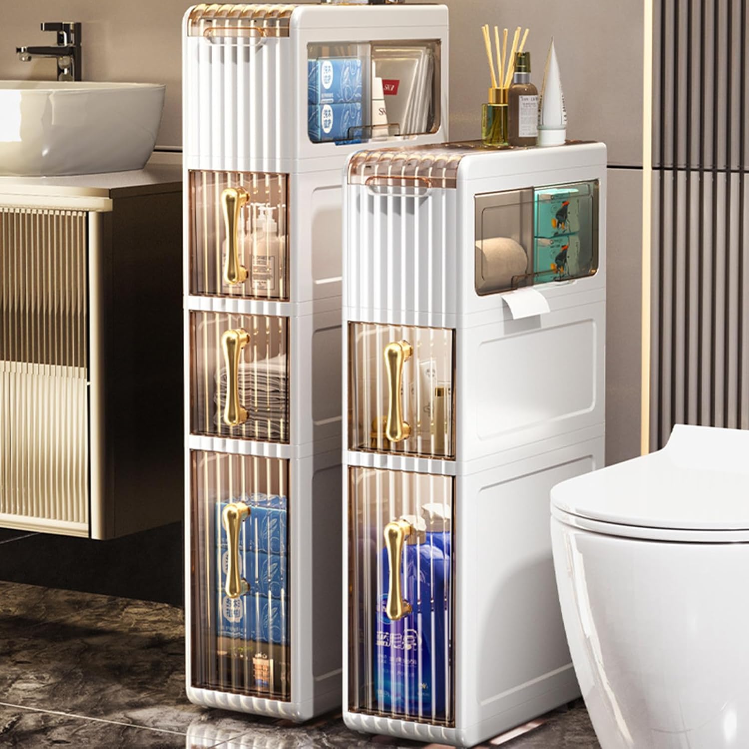 2/3/4 Shelf Bathroom Floor Cabinet Storage Tower Sleek Free Standing Toilet Paper Holder Laundry Room Organization Multifunctional Plastic Drawer Storage for Small Sapce On Kitchen