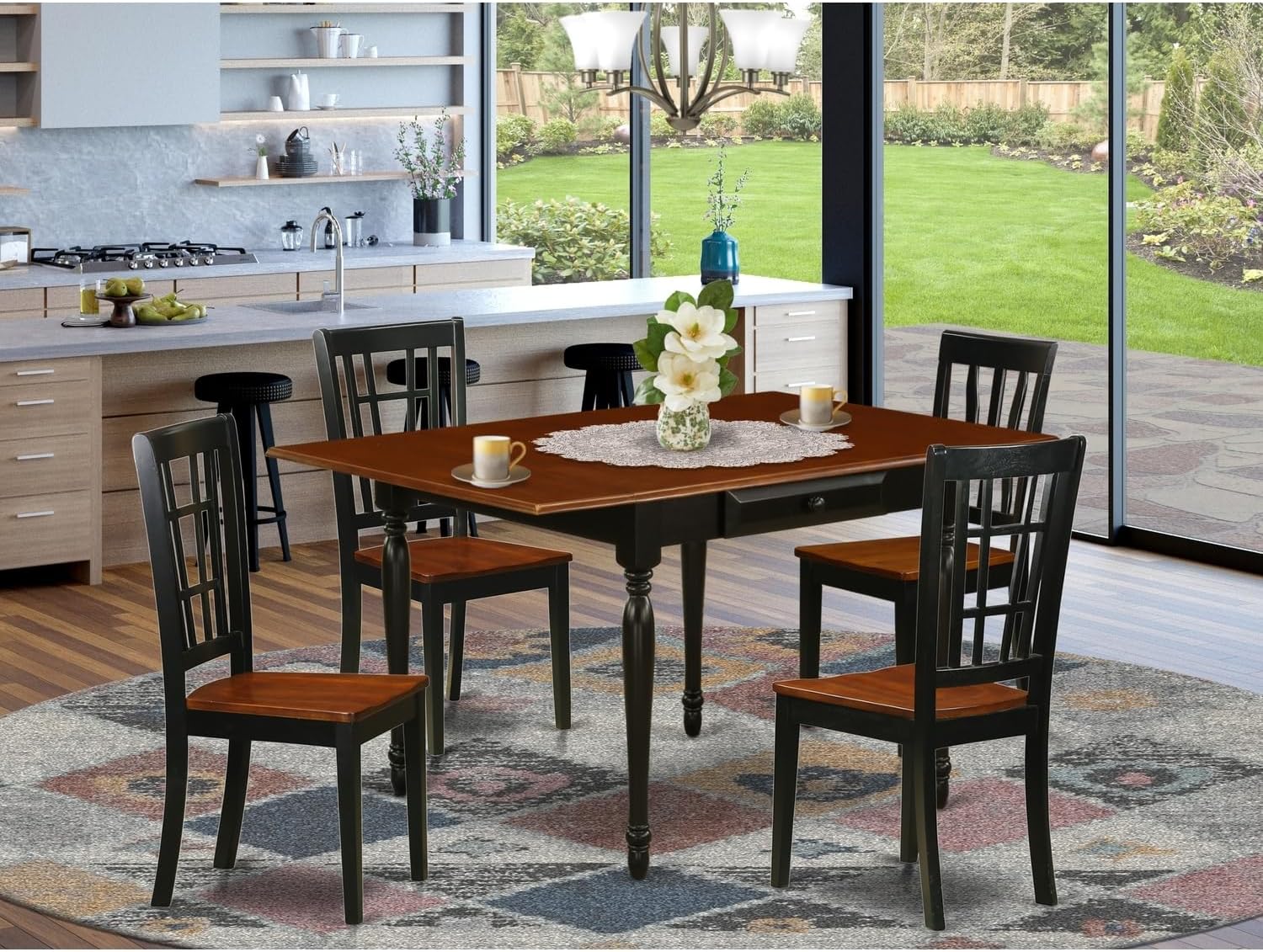 Modern Motifs 5 Pieces Dining Room Set - Strong Drop Leaf Wooden Dining Table and 4 Wooden Seat Dinette Chairs, Black and Cherry Finish