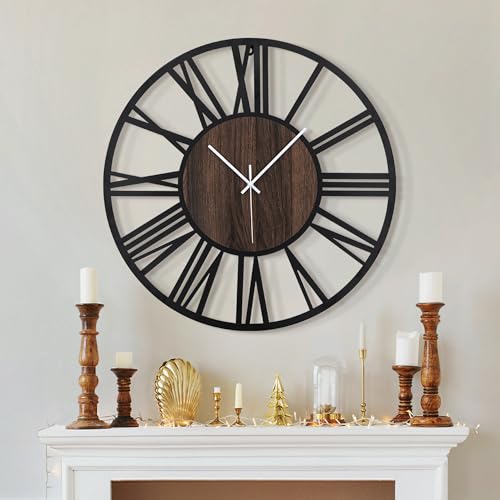 LEIKE Large Wall Clocks,Silent,Non Ticking,Battery Operated Rustic Round Modern Big Wood Wall Clock for Living Room, Bedroom,Kitchen,Farmhouse,Office,Home Decor-16 Inch(Black-Arabic Number)