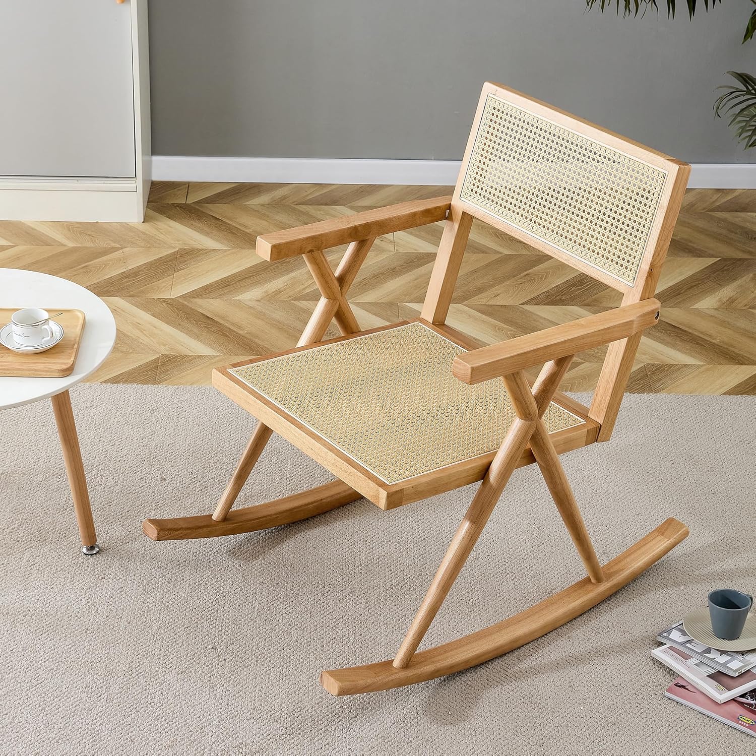 Rocking，Modern Bohemian Style Rocking Chair, Solid Wood + Faux Rattan Rocking Chair, Comfortable Leisure Glider Rocking Chair for Balcony, Garden and Campsite