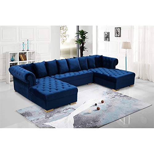 Meridian Furniture Presley Collection Modern | Contemporary Velvet Upholstered 3 Piece Sectional in Gold or Chrome Finish, Pillows Included, 134