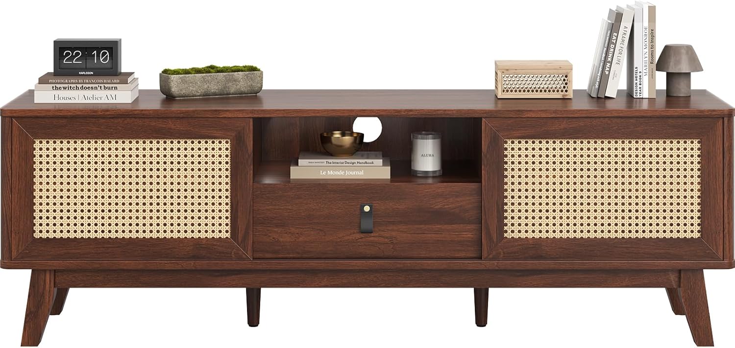 Boho Natural Rattan TV Stand 59 Inch for Living Room, Mid Century Modern TV Stand with Storage & Detachable Drawers,Farmhouse Media Console Entertainment Center with Hand Made Rattan Doors