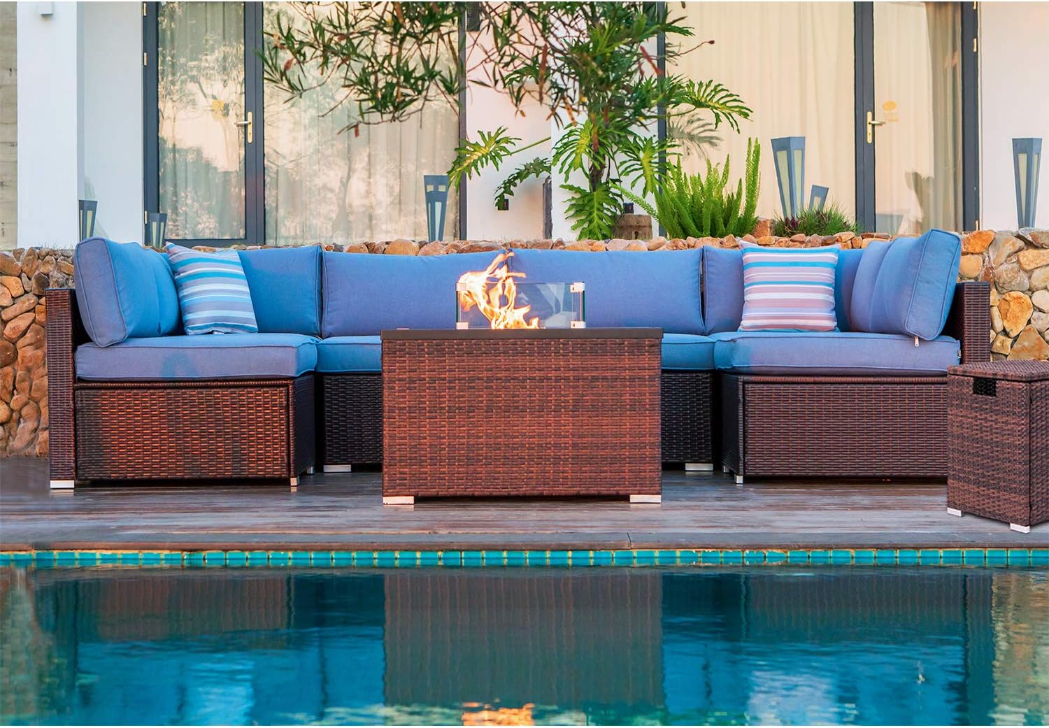 COSIEST 9 Piece Propane Fire Pit Table Outdoor Sectional Sofa, Chocolate Brown Patio Furniture Set w 32-inch Square Wicker Fire Table (40,000 BTU),Wind Guard and Tank Table for Garden, Pool, Backyard