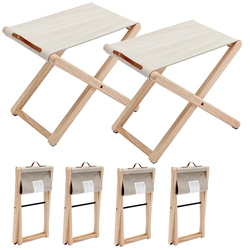 Guyou Folding Camping Stools Set of 2, Canvas Folding Stool with Wood Legs Portable Camp Stool Chairs Slacker Chair for Outdoor Fishing Picnic Travel BBQ, Beige