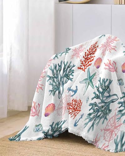 Nautical Orange Green Sofa Cover Couch Covers for 3-4 Cushion Couch Throw Couch Cover with Tassel Soft Sofa Slipcover Ocean Coral Starfish Beige Couch Furniture Protector for Dog Pet 71