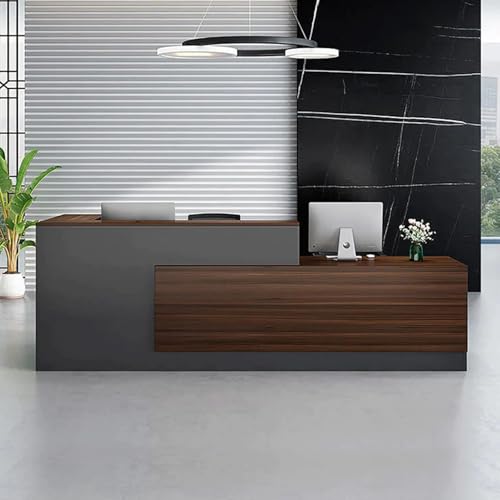 Modern L-Shaped Reception Desk with Hutch, Office Reception Counter Table with Lockable Drawer and Door Cabinet, Wooden Computer Front Desk (European Oak+lron Gray-Right Cabinet, 70.87