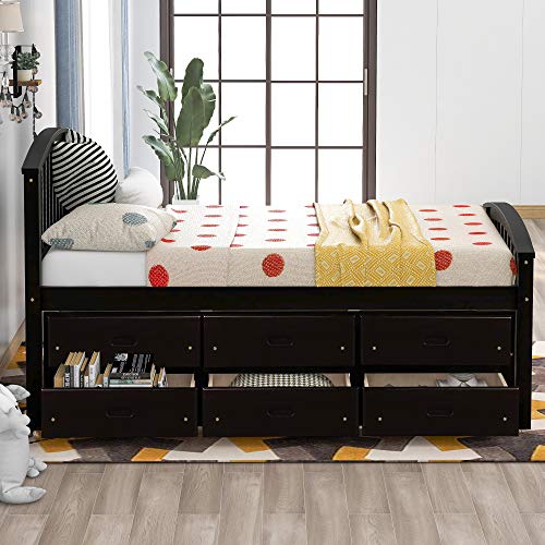 JULYFOX Wood Bed Frame Queen with Storage, Solid Pine Wood Platform Bed with Headboard 4 Drawers Underneath 10 Shelves 4 Storage Cabinet No Box Spring Needed Space Saving(Queen,Espresso)
