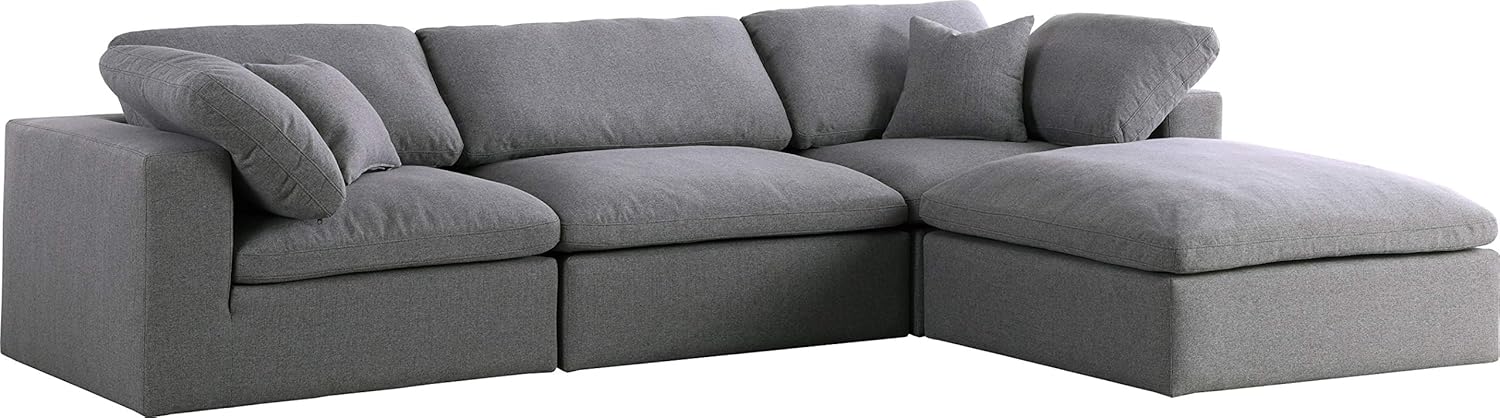 Meridian Furniture Serene Collection Modern | Contemporary Deluxe Comfort Modular Sectional, Soft Linen Textured Fabric, Down Cushions, 2 Corner + 1 Armless + 1 Ottoman, Grey