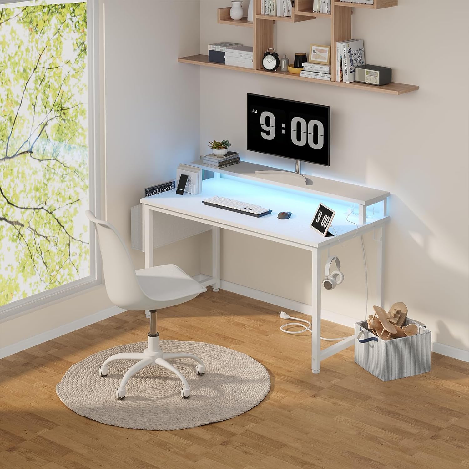 Lufeiya White Computer Desk with Power Outlet and LED Light, 40 Inch Home Office Desks with Monitor Stand, Teen Writing Study Table Gaming Desk with Charging Station, White