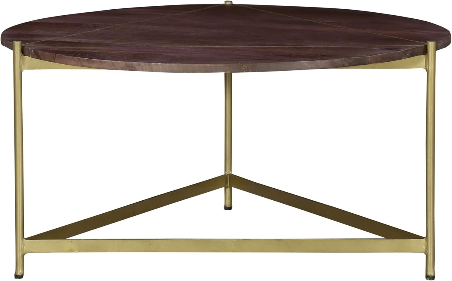 Ellis 32 Inch Round Wood Coffee Table with Brass Metal Base, Brown, Matte Gold,Living Room Table Modern Funiture Table