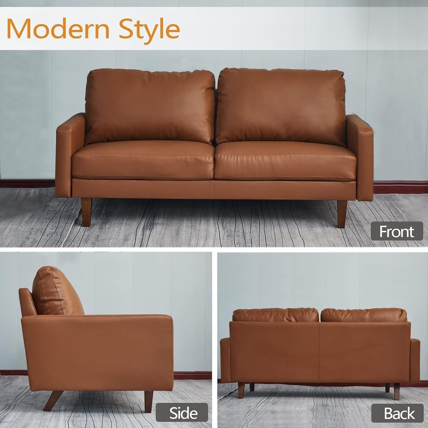 Retro Revival Leather Sofa Modern Couch with Wooden Legs for Living Room, Office - Brown
