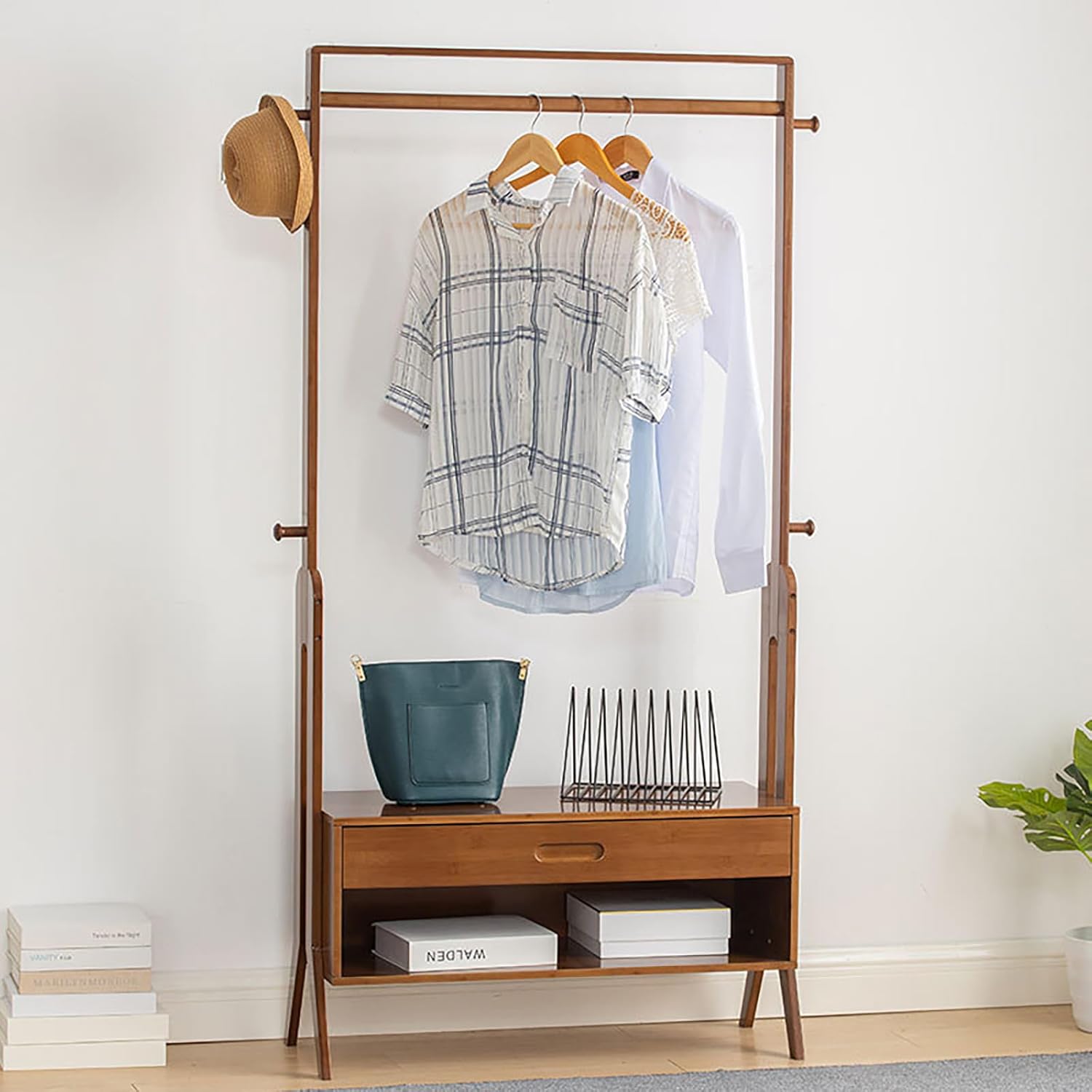 Bamboo Wooden Garment Rack, Freestanding Closet Organizers with Storage Drawer, Clothes Coat Rack for Hanging, Open Wardrobe for Entryway Bedroom Hallway Small Space