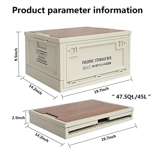 Folding Storage Box with Wooden Lids and Doors,47.5 Qt./45L Stackable Collapsible Closet Organizer,Outdoor Multifunctional Plastic Bins,Camping,Car Trunk,Home Sorting