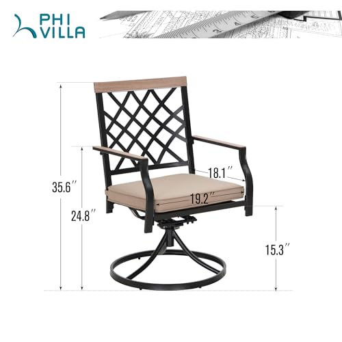 PHI VILLA 2PCS Outdoor Patio Dining Chairs Outdoor, Swivel Rocker Chairs with Wood-Like Armrest & Back Top Outdoor Furniture Chair with Cushion Support 350lbs for Garden, Backyard, Deck