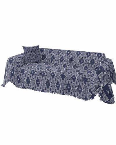Modern Geometric Blue Sofa Cover Couch Covers for 3 Cushion Couch Throw Couch Cover with Tassel Soft Sofa Slipcover Abstract Rhombic Couch Furniture Protector for Dog Pet 71