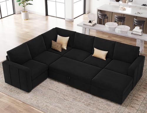 Belffin Oversized Sectional Sleeper Sofa with Pull Out Bed Convertible Velvet U Shaped Modular Sectional Couch Bed Black