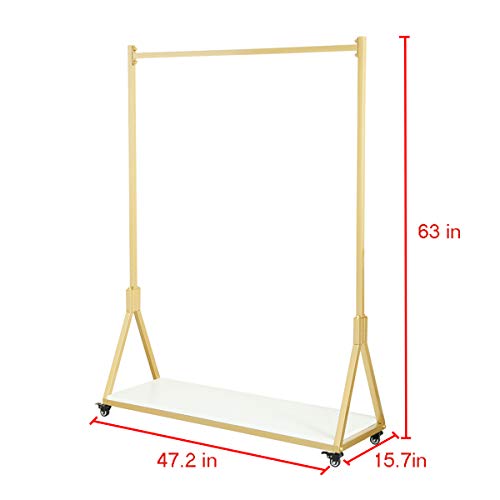 Modern Simple Heavy Duty Metal Rolling Garment Rack with Wheels,Retail Display Clothing Rack with Wood, Single Rod Floor-Standing Hangers Clothes Shelves (Gold Square Tube B, 47.2 L)