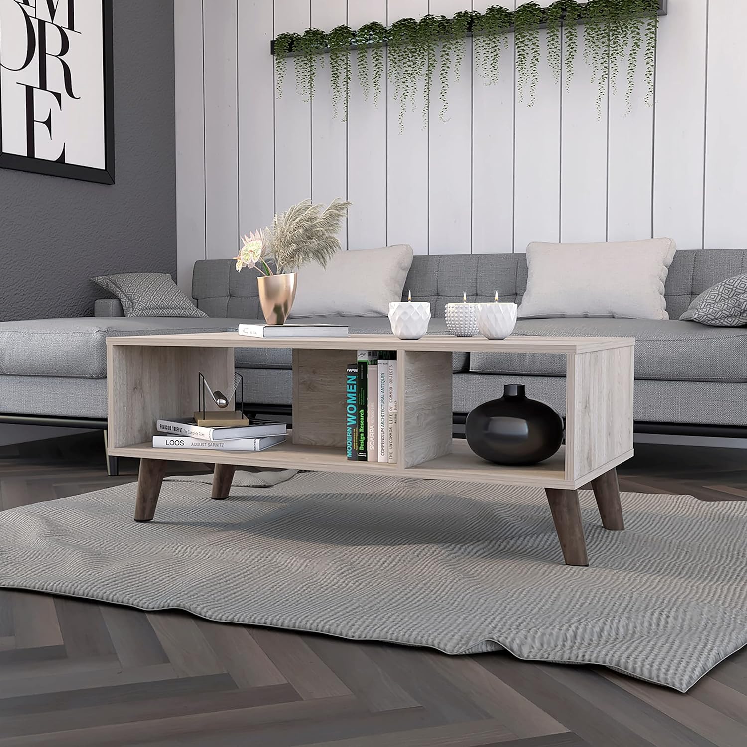 Coffee Table Two Open Shelves Four Legs Grey Modern Contemporary Rectangular MDF Natural Finish Includes Hardware
