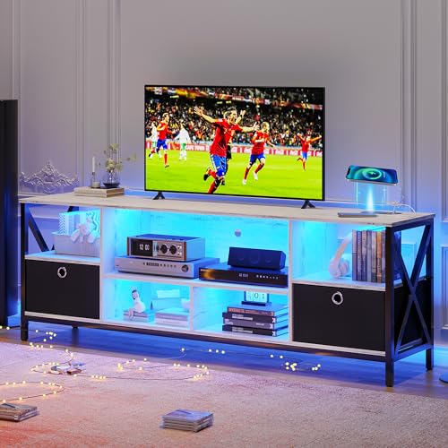 HNEBC Smart Entertainment Center with Charging Station/Body Sensor Lights, Auto LED TV Stand for 65+ Inch TV, TV Console Table with Metal Frame, 55+ Inch TV Stands for Living Room (Grey)