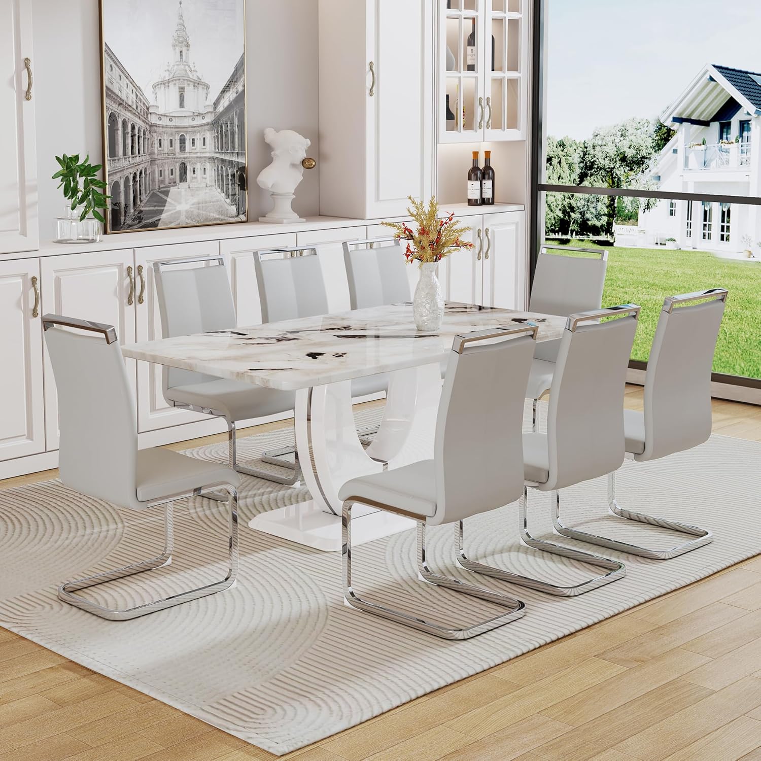Modern Dining Table Set for 8,White Marble Dining Table Set for 8,Kitchen Table and 8 PU Leather Upholstered Dining Chairs,71'' Large Dinner Table Set