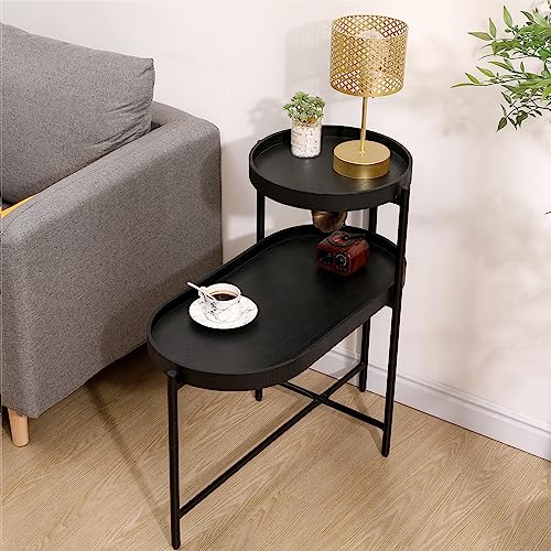 Side Table for Small Spaces Round 2-Tier Sofa Table Wooden End Table Living Room Coffee Table Nightstands Bedside Table Accent Table,Wood Tabletop & Black Metal Frame,Black