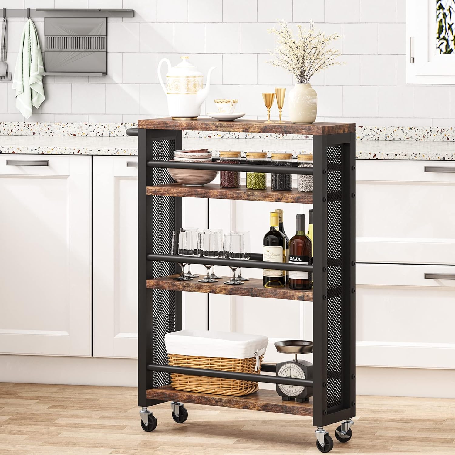 Tribesigns Slim Storage Cart,Narrow Rolling Carts with Wheels,Utility Cart for Small Spaces,4-Tier Metal Frame Trolley Cart with Handle for Kitchen,Laundry, Living Room
