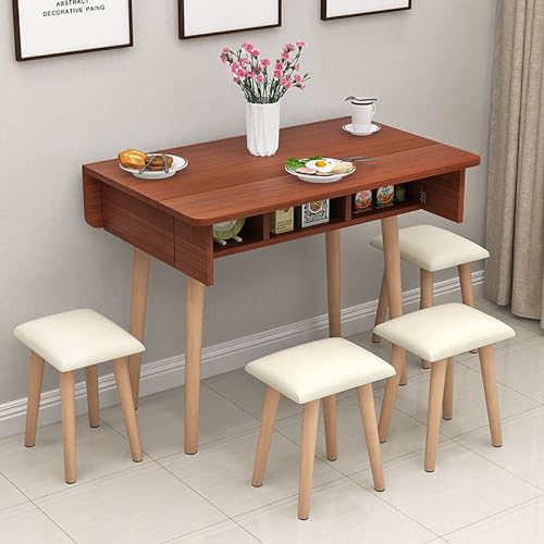 Drop Leaf Dining Table with Storage, Space Saving Extendable Dining Table for Small Spaces - Teak color, 80cm w/stool