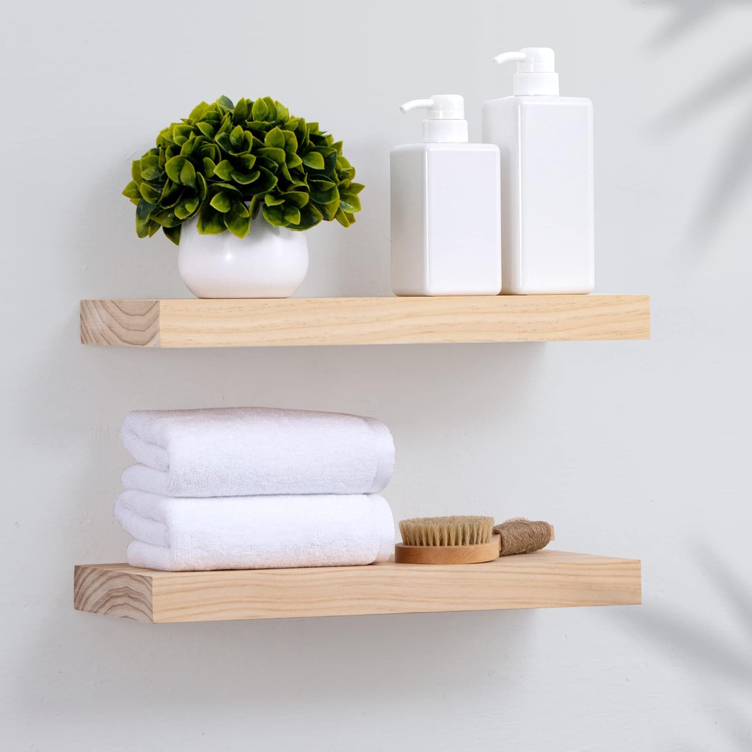 Fun Memories Wood Floating Shelves 16 inch, Farmhouse Rustic Wooden Shelves Wall Mounted, Solid Pine Wood Storage Shelf for Kitchen, Living Room, Bathroom, Set of 2 - No Stain - DIY