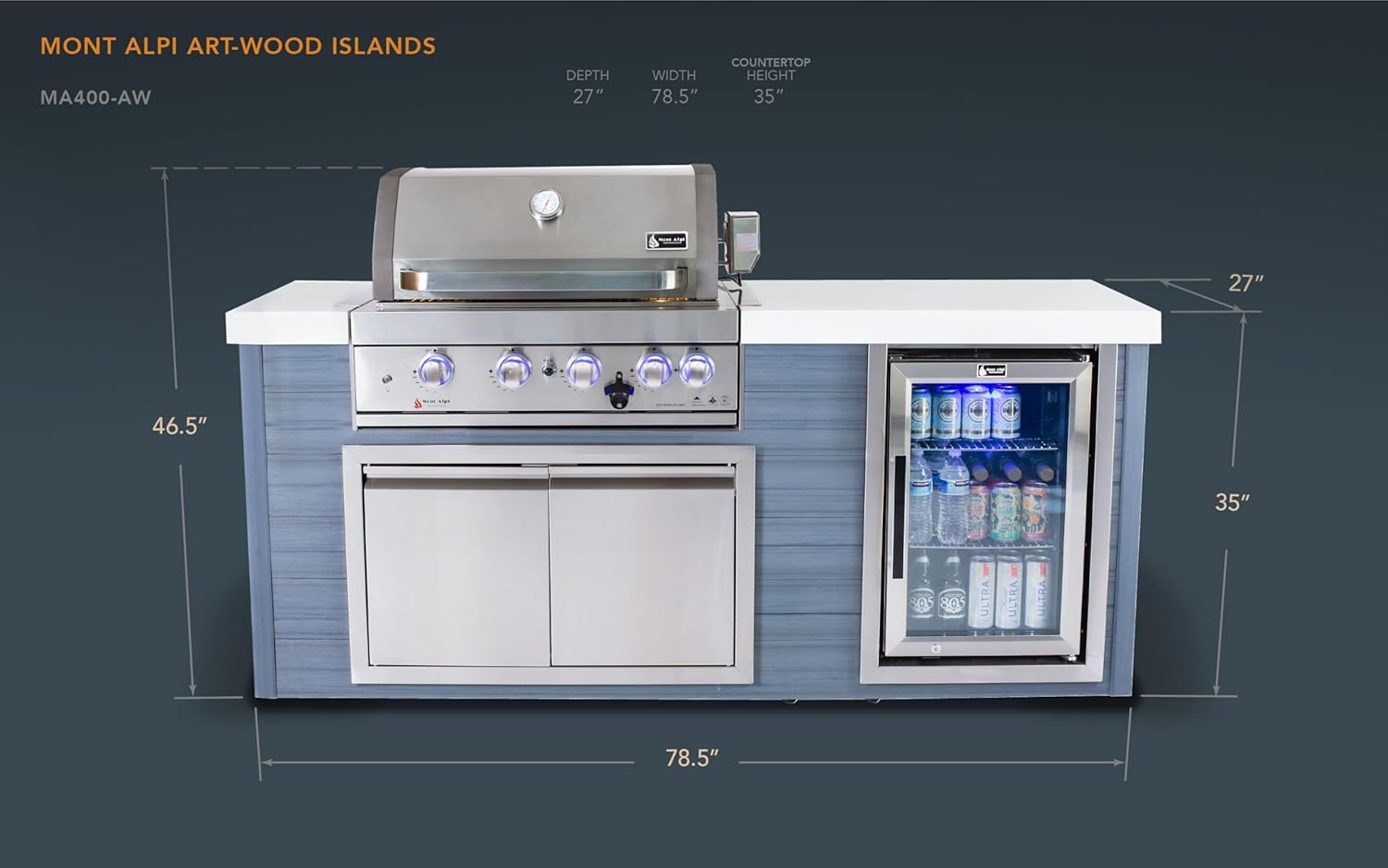 Mont Alpi MA400-AW Artwood HDPE Plastic Built-in 6-Burner 32-inch 63000 BTU Propane Natural Gas Stainless Steel Outdoor Kitchen Barbecue Island Grill + White Granite Countertops + Fridge Cabinet