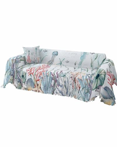 Jellyfish Blue Cover Couch Covers for 3-4 Cushion Couch Throw Couch Cover with Tassel Soft Slipcover Summer Ocean Coral Starfish Fish Shells White Couch Furniture Protector for Dog Pet 71