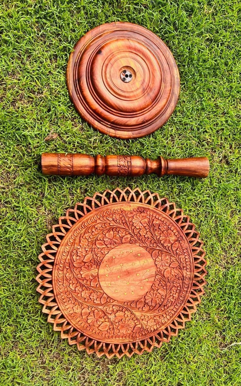 Round Coffee Table - Handmade Wooden Live Edge Coffee Table with Engraving and Brass Art, Mid Century End Table Entryway Home Decor