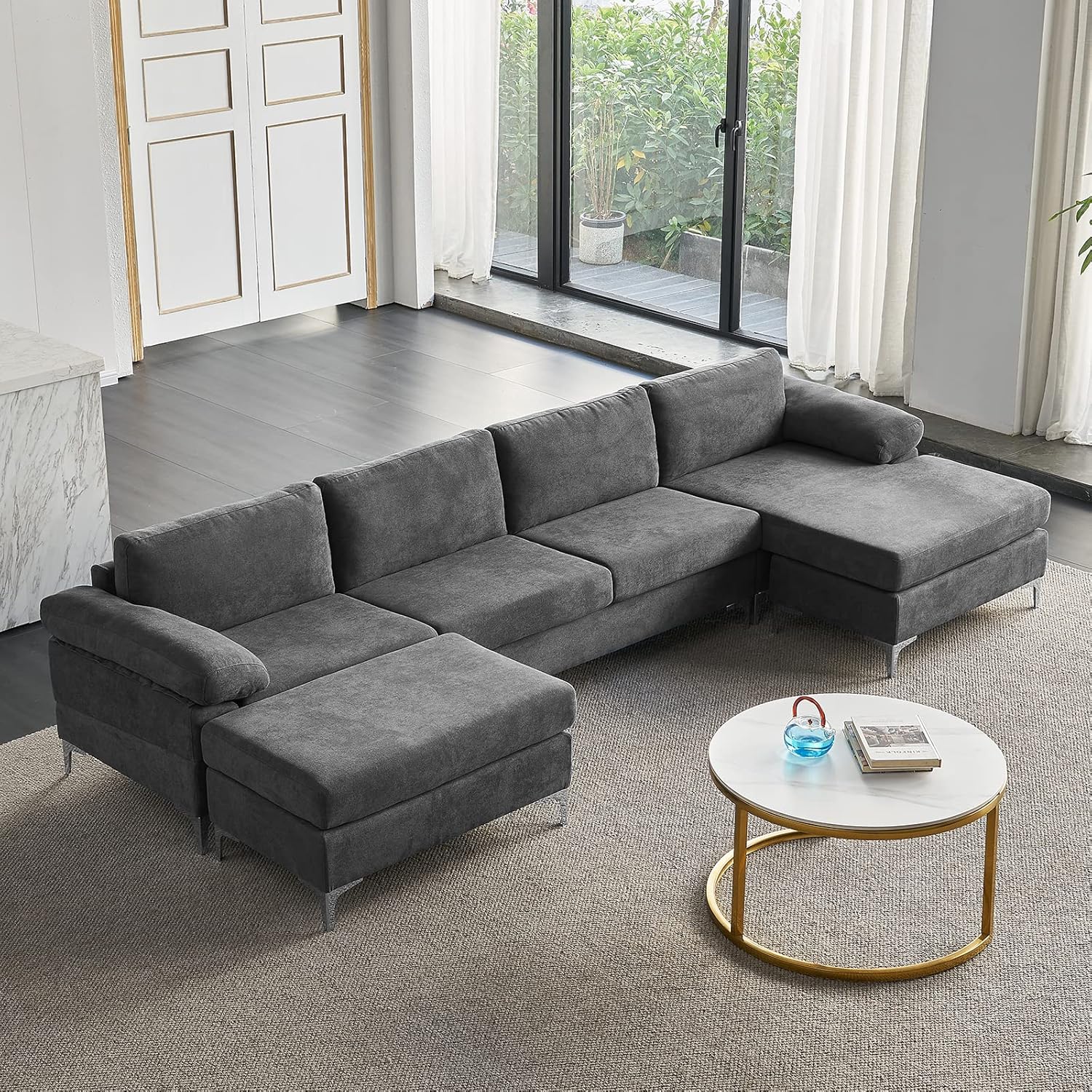 Pannow Modern L-Shaped Convertible Sectional Sofa Couch, Modular Soft Fabric Corner Sectional Futon Sofa with Removable Cushions and Ottomans Convertible Sofa Couch for Living Room, 131”L (Dark Grey)