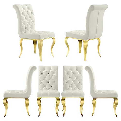 Dining Chairs, Black Velvet Upholstered Dining Room Chairs Set of 6, Crystal Decor Button Tufted Dining Chairs with Gold Mirror Cabriole Legs