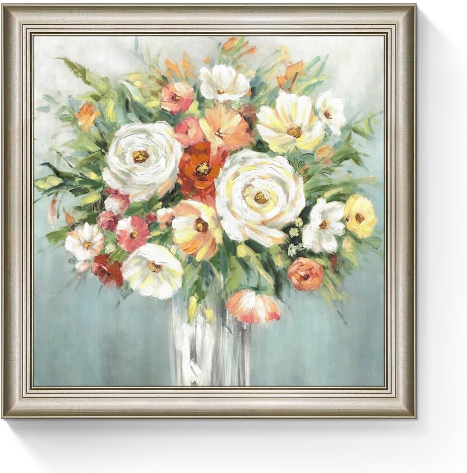 Abstract Floral Framed Wall Art: Blossom Flowers in Vase Picture Hand Painted Textured Rose Bouquet Canvas Painting Large Botanical Print Elegant Artwork for Living Room Bedroom Bathroom