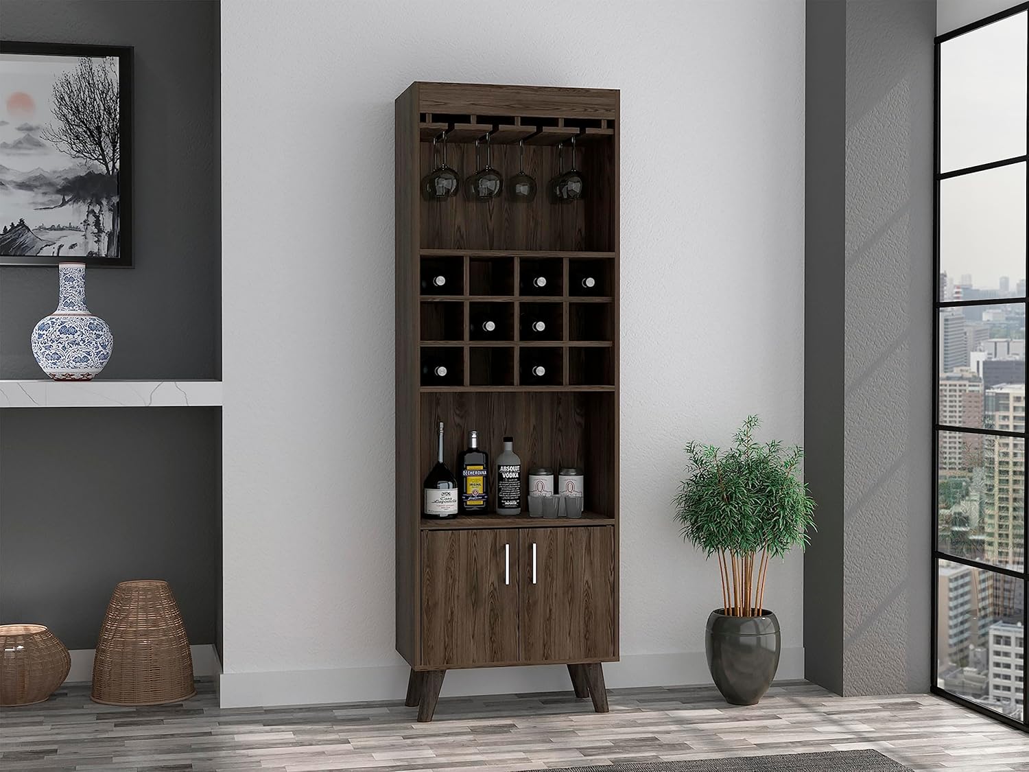 Modern Bar Cabinet,Wooden Tall Wine Rack Kitchen Hutch Storage Cabinet Buffet Sideboard Cabinet with Drawer & Wine & Glass Rack Storage Shelves for Home Kitchen,Dining Room