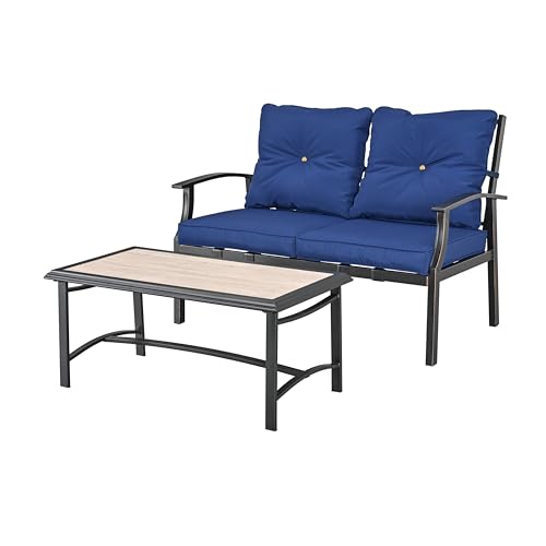 LOKATSE HOME 2 Pcs Patio Loveseat Bench Outdoor Furniture Conversation Sets with Steel Frame Thick Cushions Chair and Coffee Table for Backyard Deck Lawn Garden, Blue