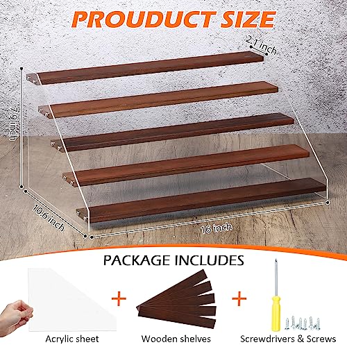 Queekay 4 Pack Acrylic Wood Display Stand Wooden Tiered Display Shelf Clear Acrylic Display Shelves Rack Display Stand Step Riser Ladder Stand for Figure Cupcake Perfumes Desserts (15.7 Inch, 5 Tier)